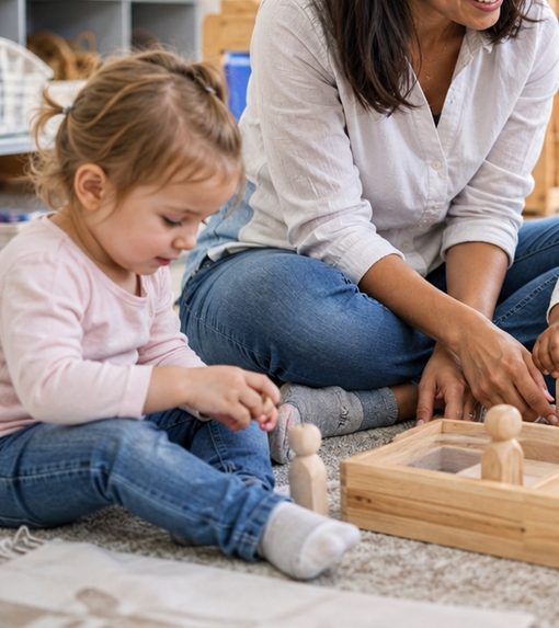 Child and caregiver playing with wooden learning toys in a warm daycare setting
