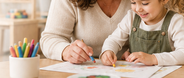 Child drawing with a caregiver during a preschool learning activity