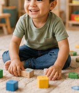 Toddler playing with wooden blocks on a classroom rug