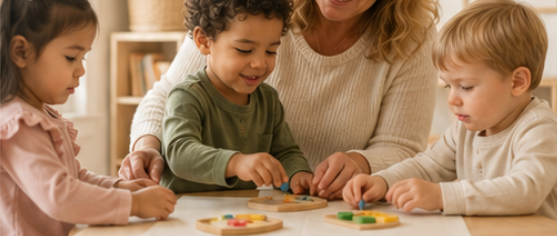 Children practicing hands-on learning activities with a caregiver nearby