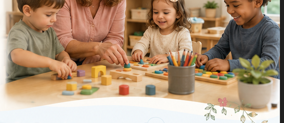 Children and a caregiver working with colorful learning toys at a daycare table