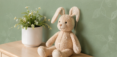 Soft bunny toy and plant in a calm childcare room